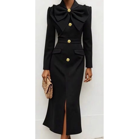 Dalia Macphee Dresses & Skirts - DALIA MACPHEE Black Midi Dress Gold Button Oversized Bow Mock Neck Long Sleeve M